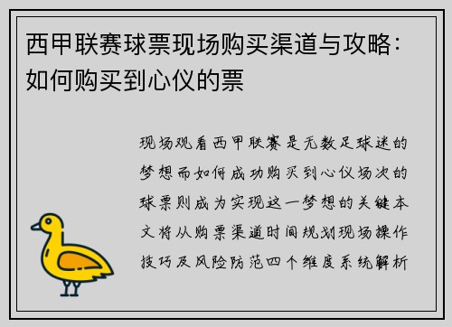 西甲联赛球票现场购买渠道与攻略：如何购买到心仪的票